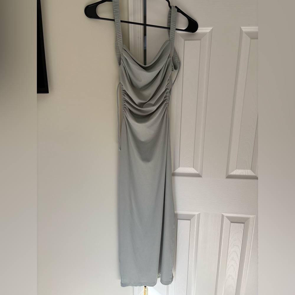 Princess Polly Sea Green Midi Dress – Size 6, Lace-Up Back, Ribbed Stretch Fit